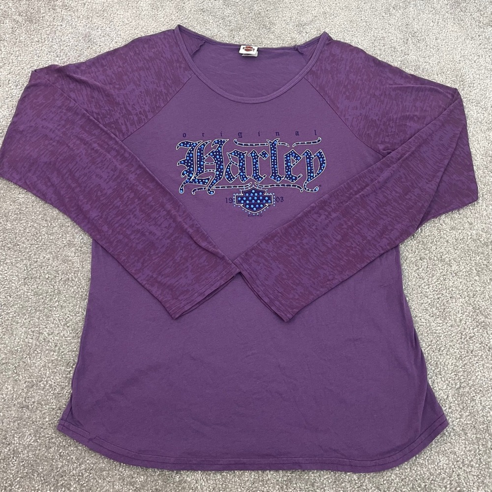 Harley-Davidson Shirt Womens XL Cape Cod Purple Rhinestone Burnout Raglan Y2K